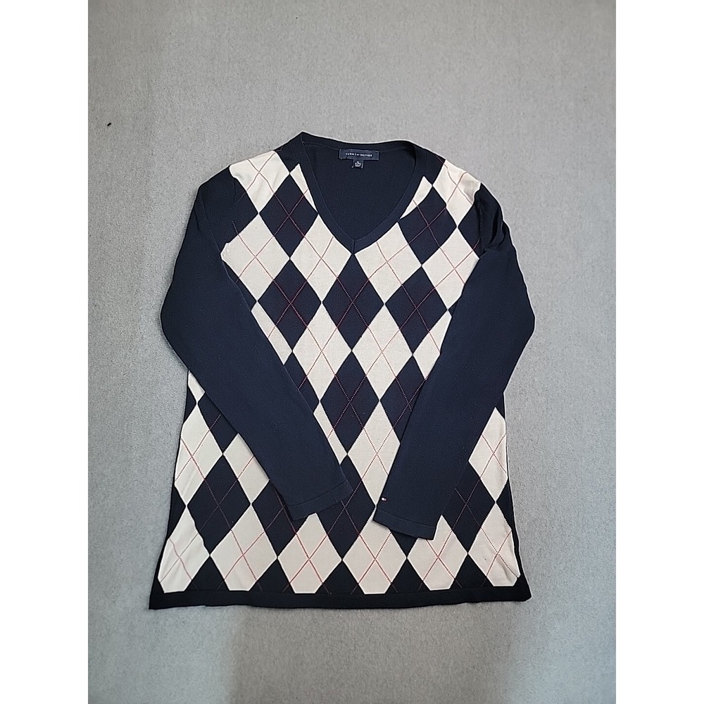 Tommy Hilfiger‎ Argyle Sweater Womens XL Navy Blue Preppy V-Neck Cotton Knit